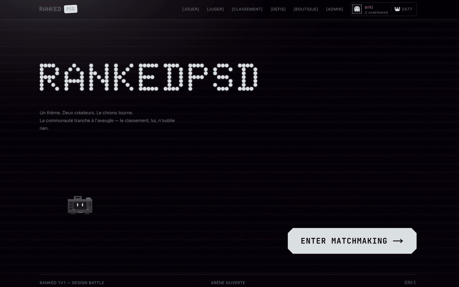 Page d'accueil de RankedPSD : logo en points lumineux et entrée vers les duels.